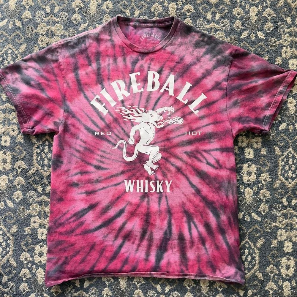 Fireball Whisky Logo Dragon Graphic Tee Red Black Spiral Tie Dye Mens Large